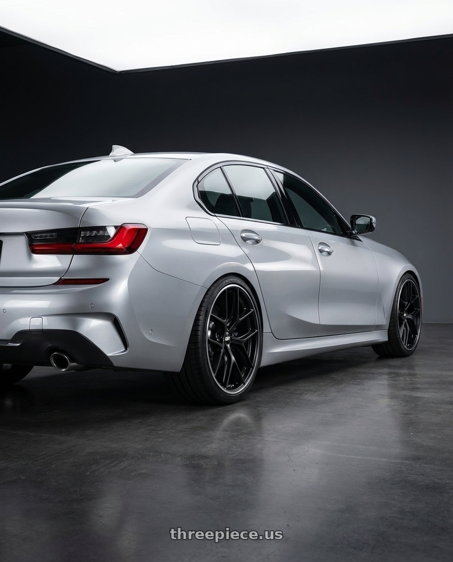 2023 BMW 3 Series G20 with BBS CC-R 5x112 19x8.5+30 Satin Black wheels rear three quarter view square tires