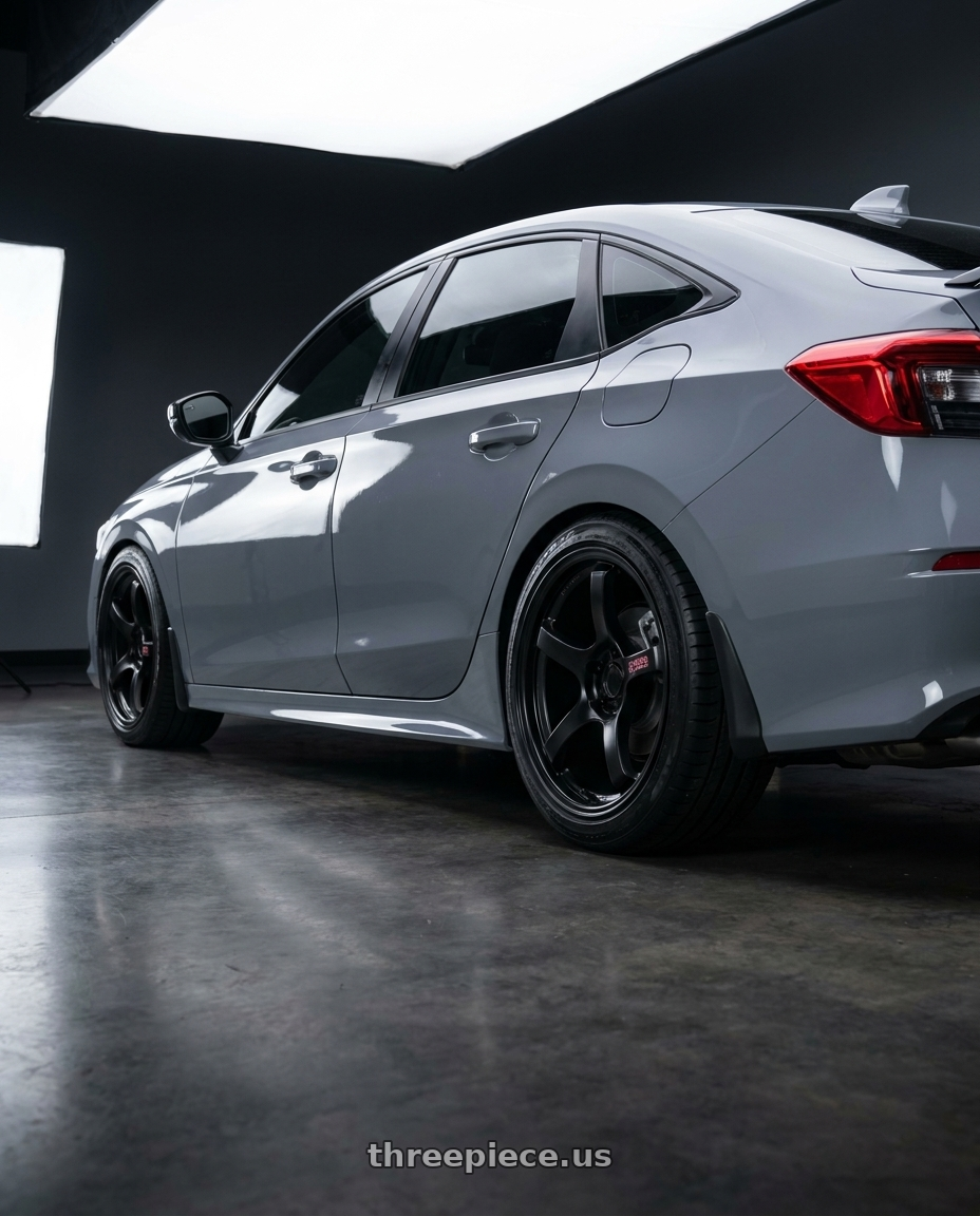 2026 Honda civic si with Gram Lights 57DR 5x120 18x9.5 +38 SEMI GLOSS BLACK wheels rear three quarter view slight stretch tires