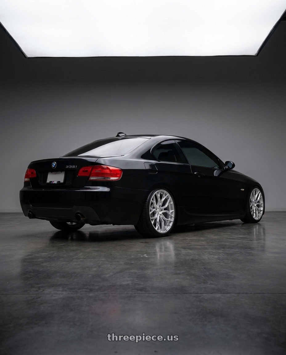 2009 bmw 335i coupe with DOLCE PERFORMANCE ARIA 5x120 18x8.5 +35 Gloss Silver Machined Face wheels rear three quarter view square tires