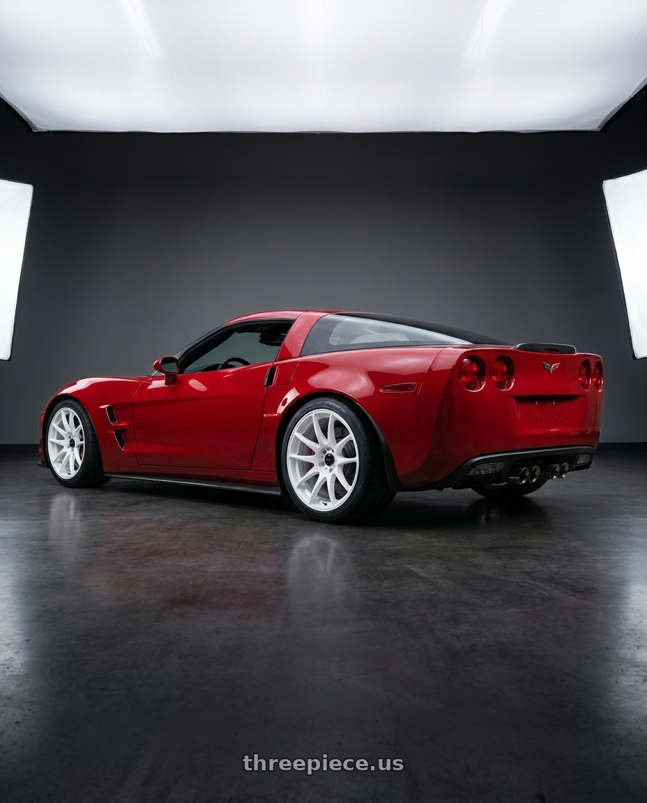 2005 Chevrolet Corvette with Vors TR4 5x100 18x8.5  +35 White wheels rear three quarter view square tires