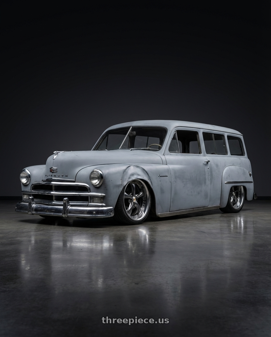 1950 Plymouth suburban  with Work Wheels VS-KF 5X114.3 19x7.5+34 Brilliant Silver Black A Disk FULL REVERSE wheels front three quarter view stanced stance
