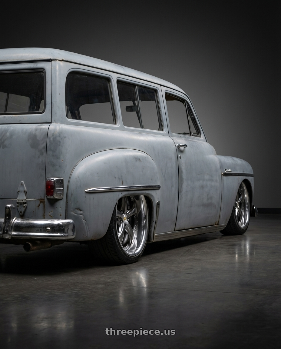 1950 Plymouth suburban  with Work Wheels VS-KF 5X114.3 19x7.5+34 Brilliant Silver Black A Disk FULL REVERSE wheels rear three quarter view slight stretch tires