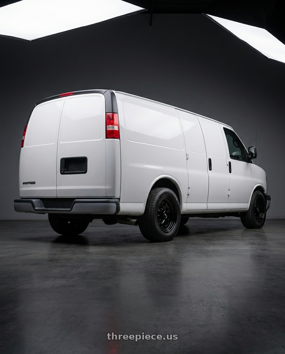 2001 Chevrolet Express 3500 with Vision HD 85H 8x165.1 16x8-6 Gloss Black wheels rear three quarter view square tires