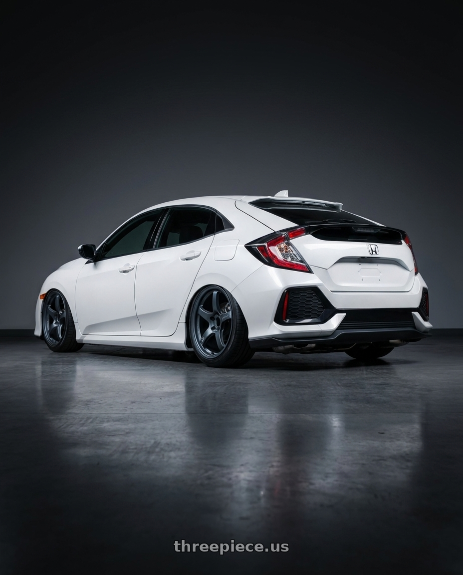 2019 Honda Civic with Gram Lights 57CR 5x114.3 18x8.5+50 Gunblue II wheels rear three quarter view slight stretch tires