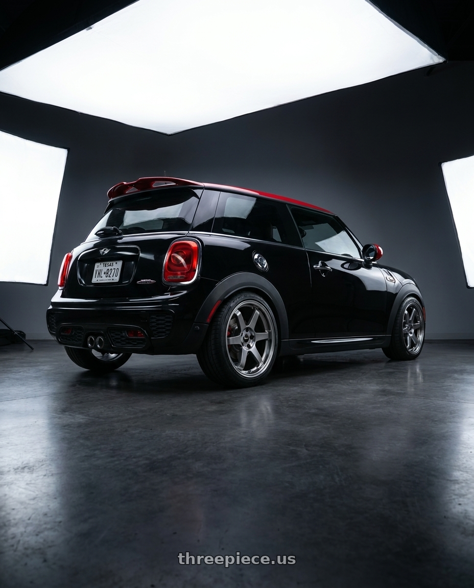2017 mini John cooper works with Vors TR37 5x112 18x8.5  +35 Hyper Black wheels rear three quarter view square tires
