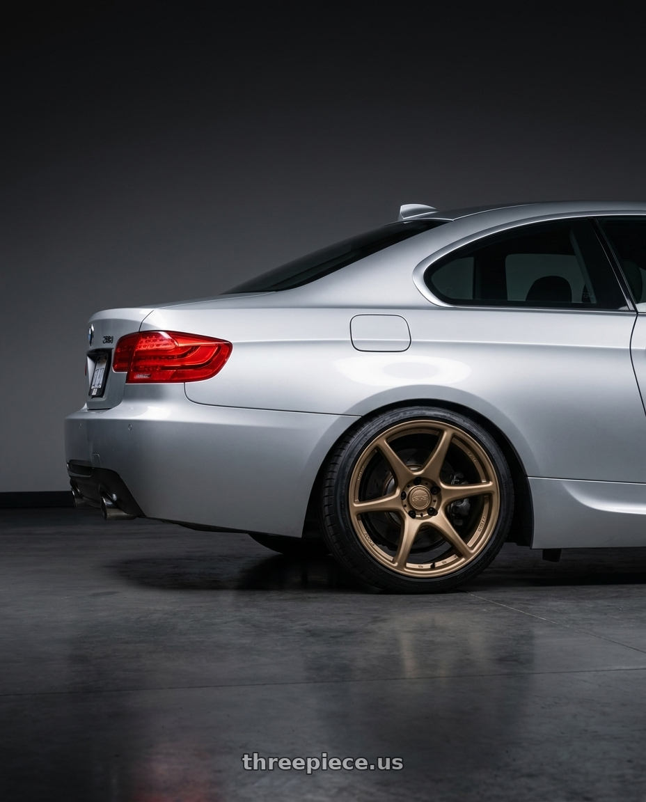 2012 BMW 3 Series E92 with Kansei K11B Tandem 5X120 18x9 35 Bronze wheels rear three quarter view square tires