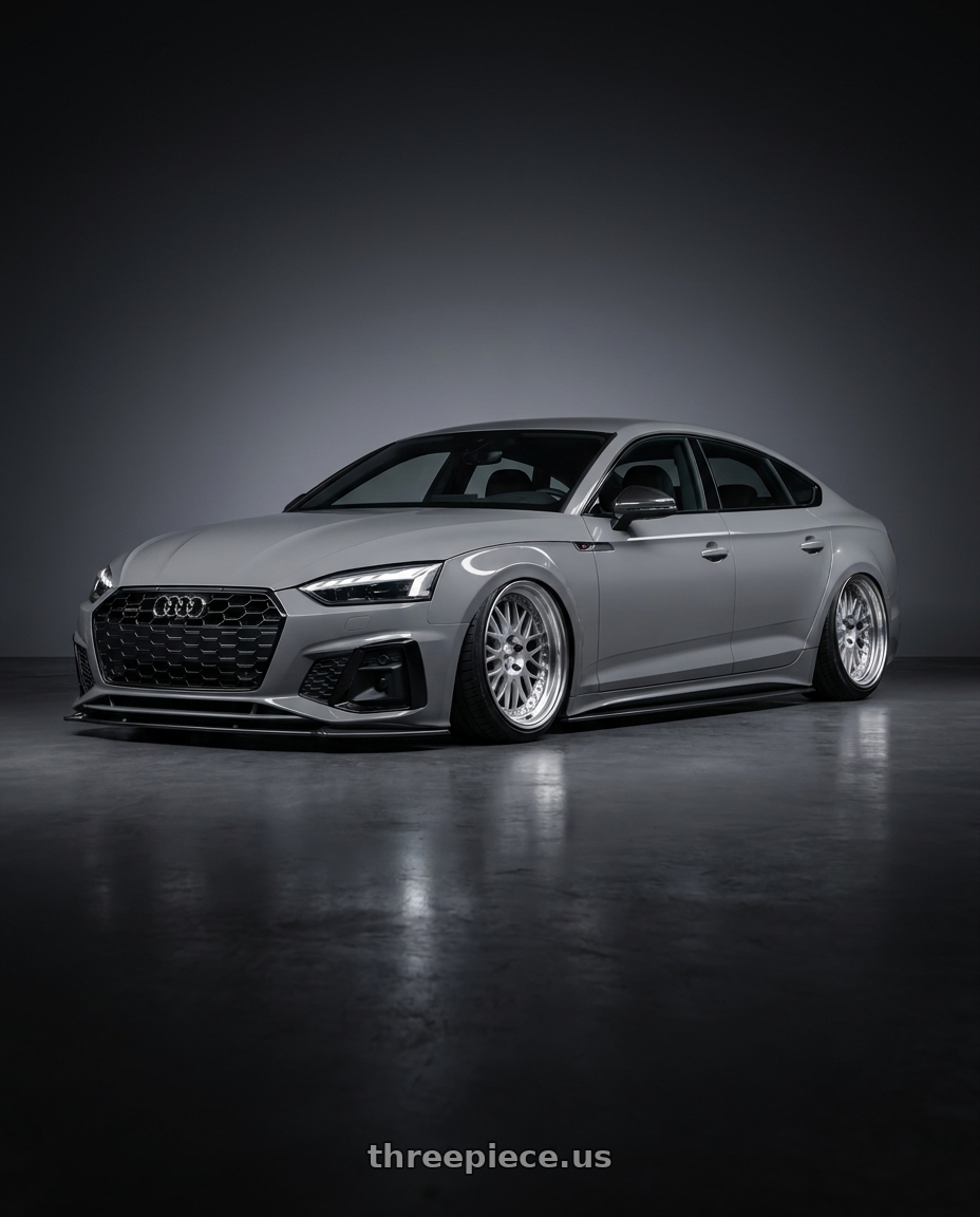 2023 Audi A5 Sportback with Work Meister M1 3p 5x112 19x9.5+17 O Disk Silver wheels front three quarter view stanced stance