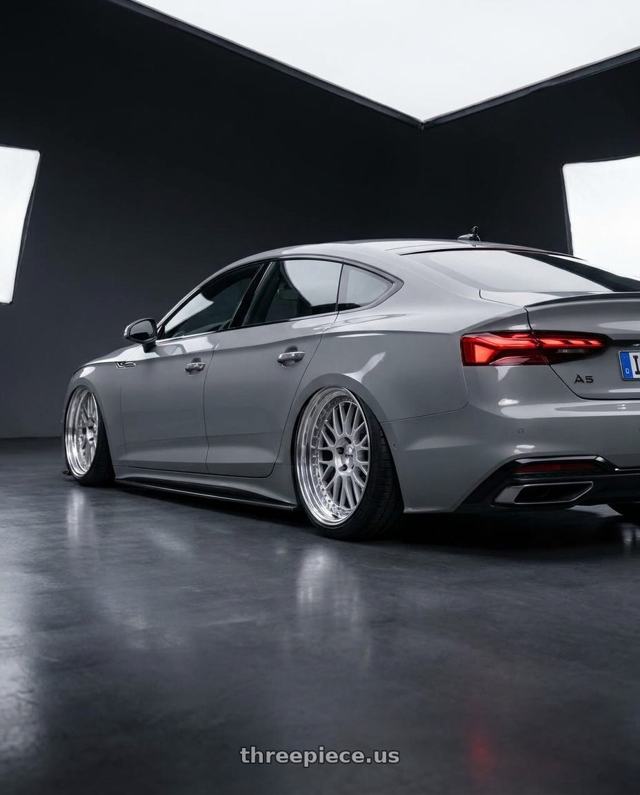 2023 Audi A5 Sportback with Work Meister M1 3p 5x112 19x9.5+17 O Disk Silver wheels rear three quarter view slight stretch tires