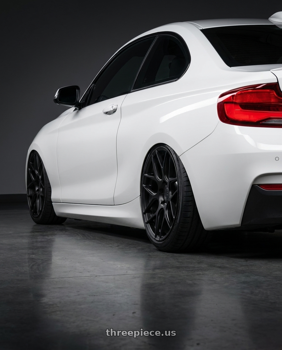 2018 BMW 2 Series F22 with Aodhan AFF2 5x120 19x9.5+35 Matte Black wheels rear three quarter view slight stretch tires