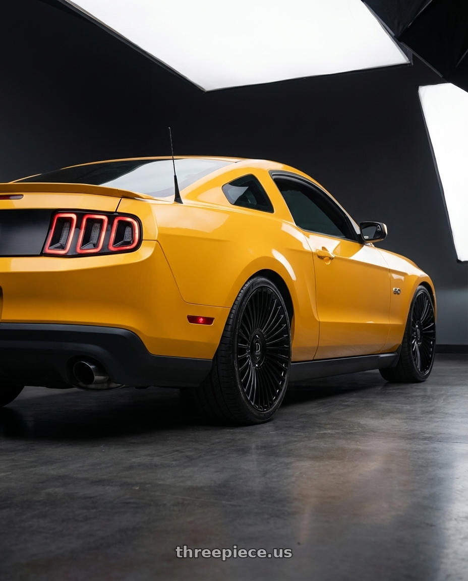 2011 ford mustang gt with DOLCE LUXURY TRENTO 5x112/5x120 22x9 +30 Glossy Black wheels rear three quarter view square tires