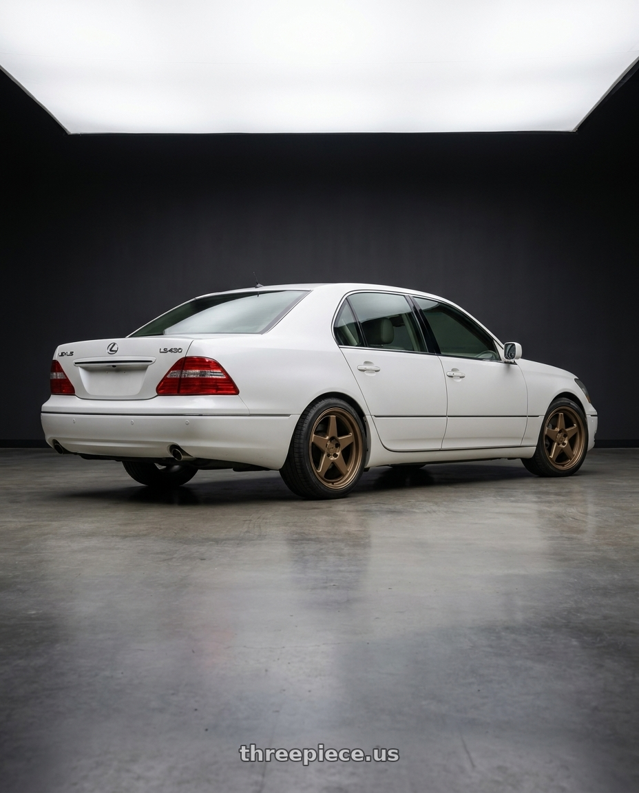 2004 Lexus LS430 Base with KATANA RACING KR03 5x114.3 18x8 +40 Matte Bronze wheels rear three quarter view square tires