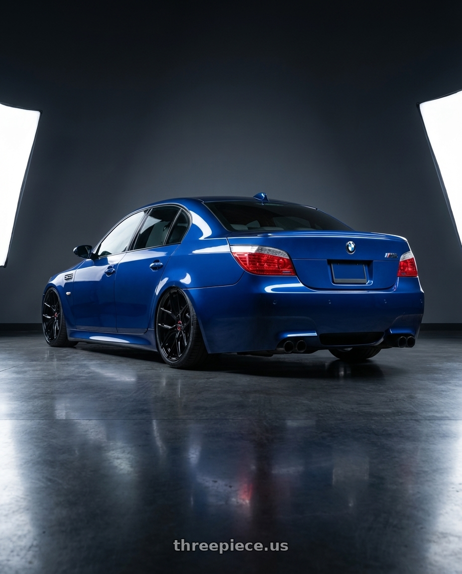 2010 BMW M5 E60 with Vossen HF-5 20x9 / 5x120 / ET35 / Flat Face / 72.56 - Gloss Black Wheel - HF5-0B01 wheels rear three quarter view slight stretch tires