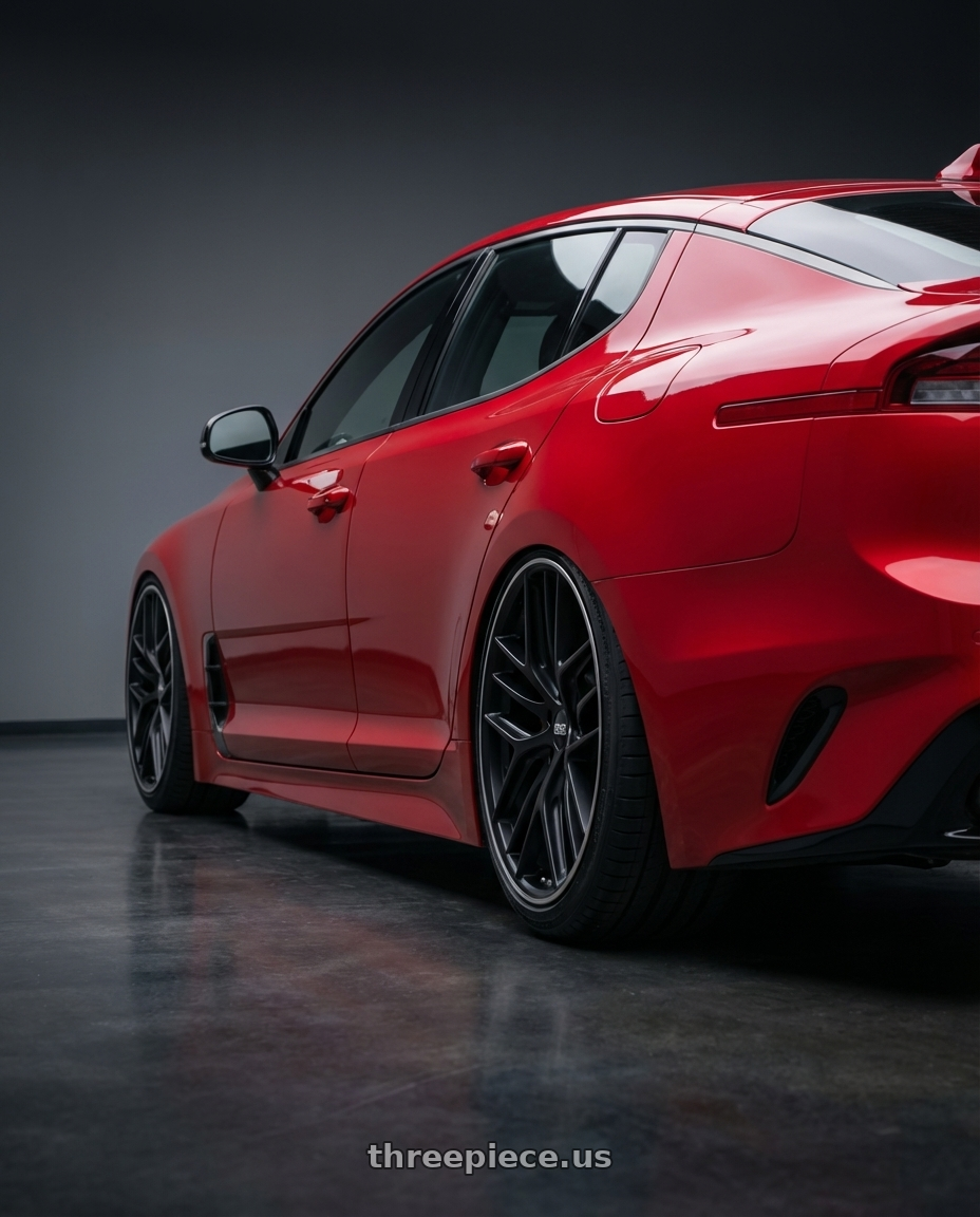 2022 Kia Stinger GT with BBS CC-R 5x114.3 19x8.5+30 Satin Black wheels rear three quarter view slight stretch tires