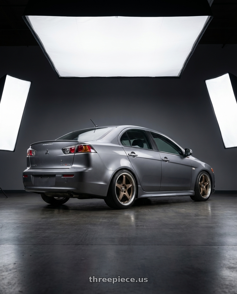 2014 Mitsubishi Lancer Ralliart with ESR Wheels APEX SERIES AP5 5x114.3 18x8.5 +30 Matte Bronze wheels rear three quarter view square tires