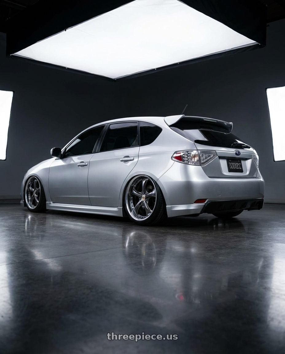 2010 SUBARU WRX with Work Wheels VS-KF 5x100 18x8-22 Brilliant Silver Black L Disk FULL REVERSE wheels rear three quarter view slight stretch tires