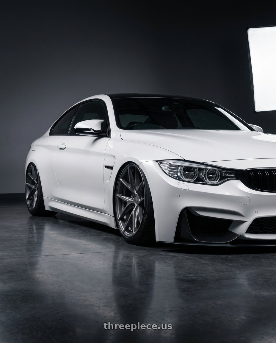 2018 BMW M4 F82 with Niche 1PC M116 MISANO 5X120 19X8.5 +35 MATTE GUN METAL wheels front three quarter view stanced stance