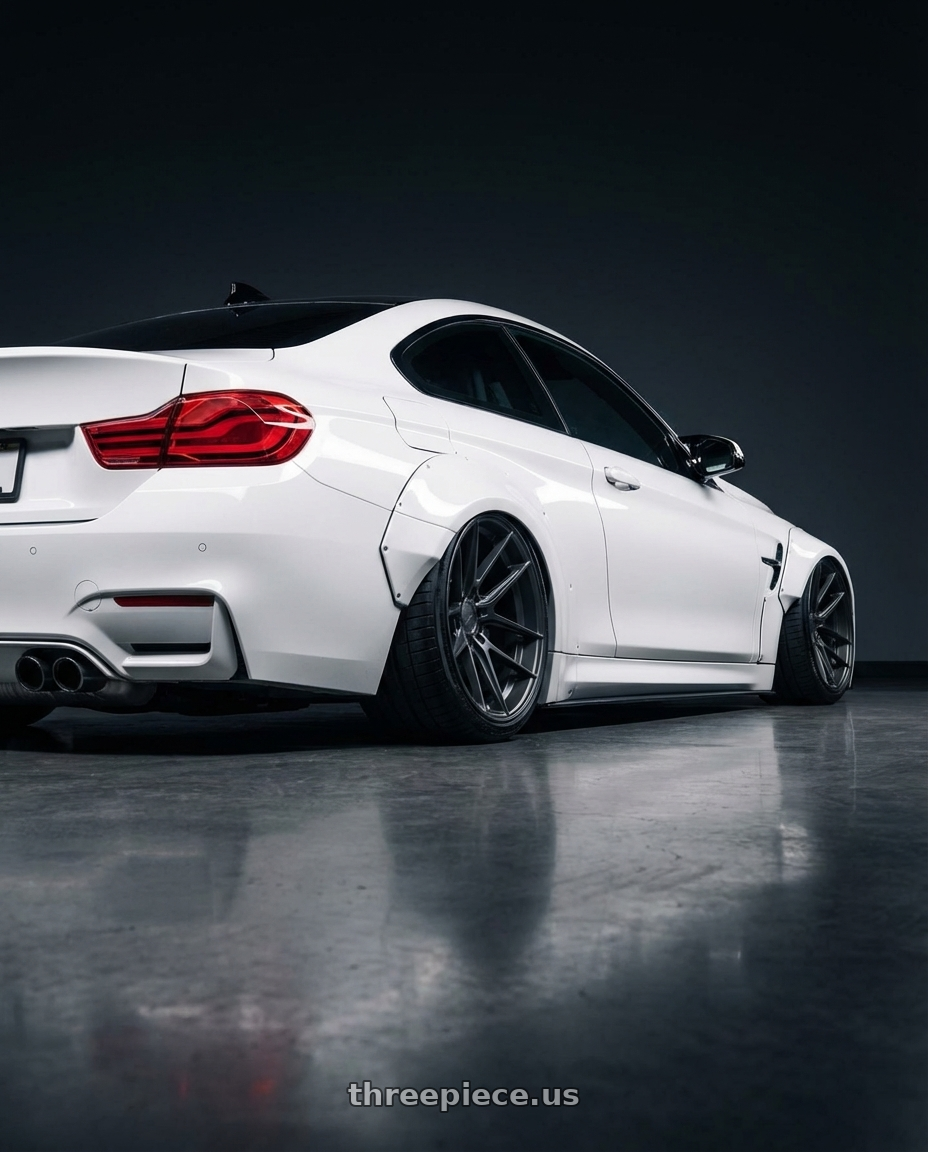 2018 BMW M4 F82 with Niche 1PC M116 MISANO 5X120 19X8.5 +35 MATTE GUN METAL wheels rear three quarter view slight stretch tires