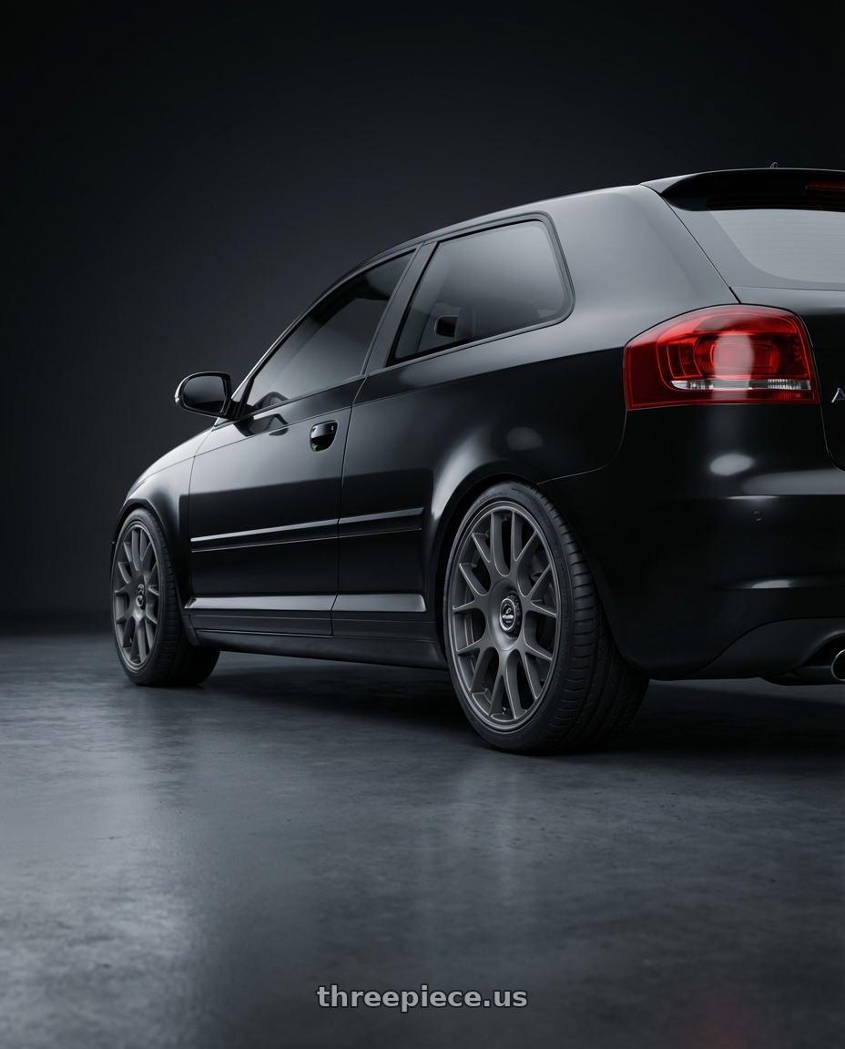 2012 Audi A3 8P with fifteen52 APEX 5x112 / 5x120 18x8.5 +35 FROSTED GRAPHITE (SATIN GREY) wheels rear three quarter view square tires