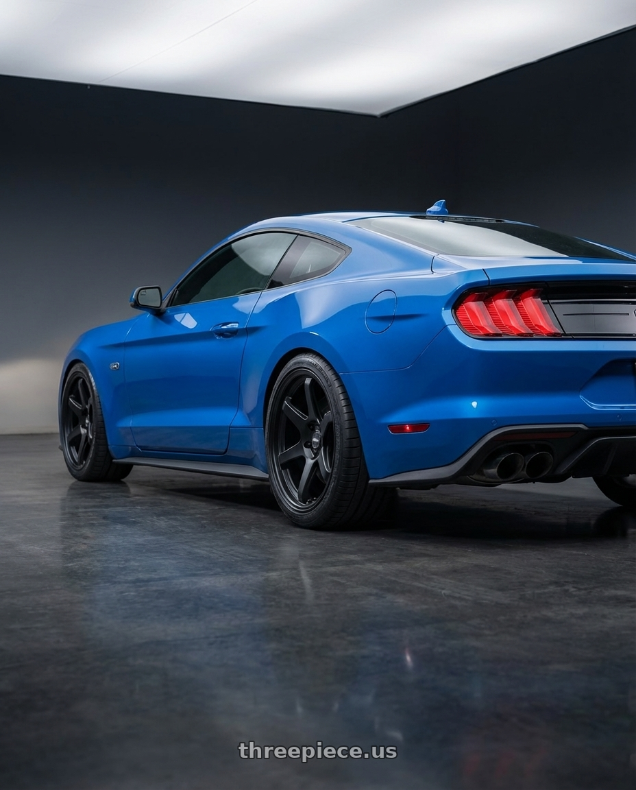 2022 Ford Mustang GT with ESR Wheels APEX SERIES AP6 5x114.3 19x11 +22 Matte Black wheels rear three quarter view square tires