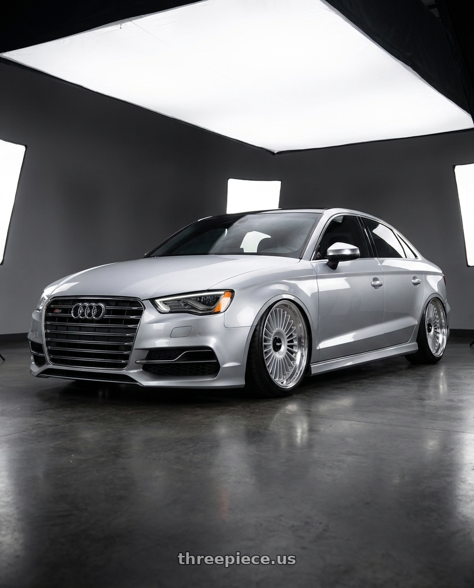 2016 Audi S3 with Rotiform RC202 GRZ 5X112/5X120 20x8.5 +35 GLOSS SILVER wheels front three quarter view lowered stance