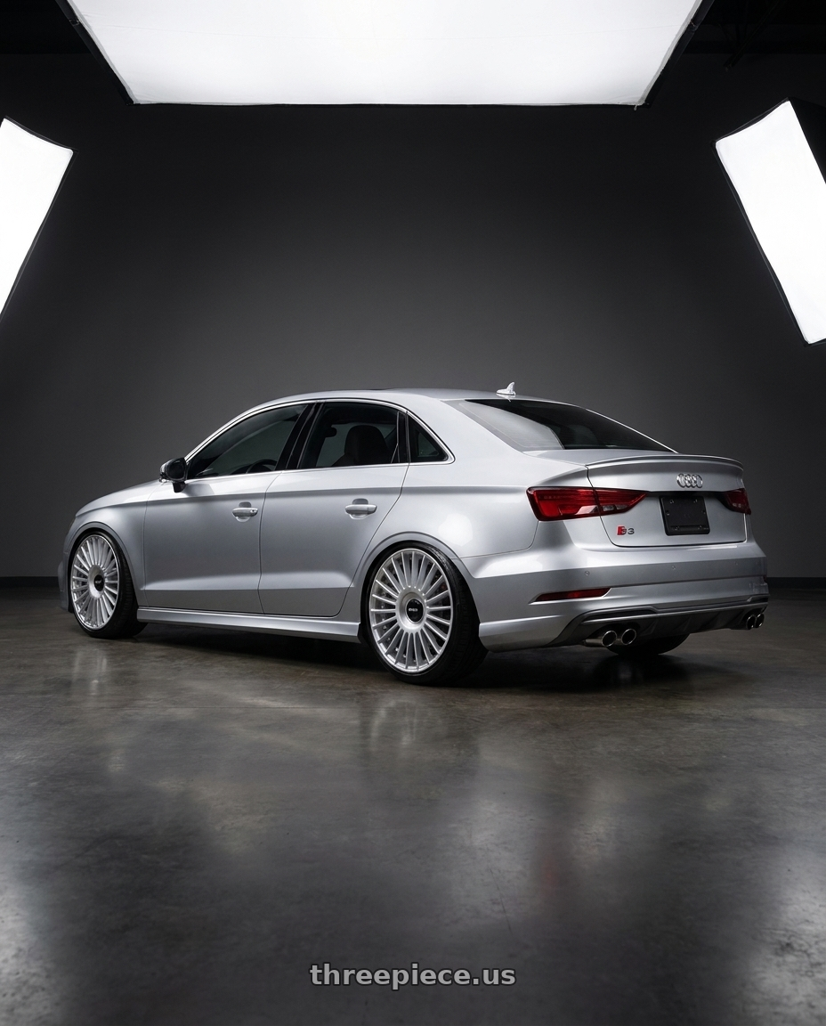 2016 Audi S3 with Rotiform RC202 GRZ 5X112/5X120 20x8.5 +35 GLOSS SILVER wheels rear three quarter view extreme stretch tires