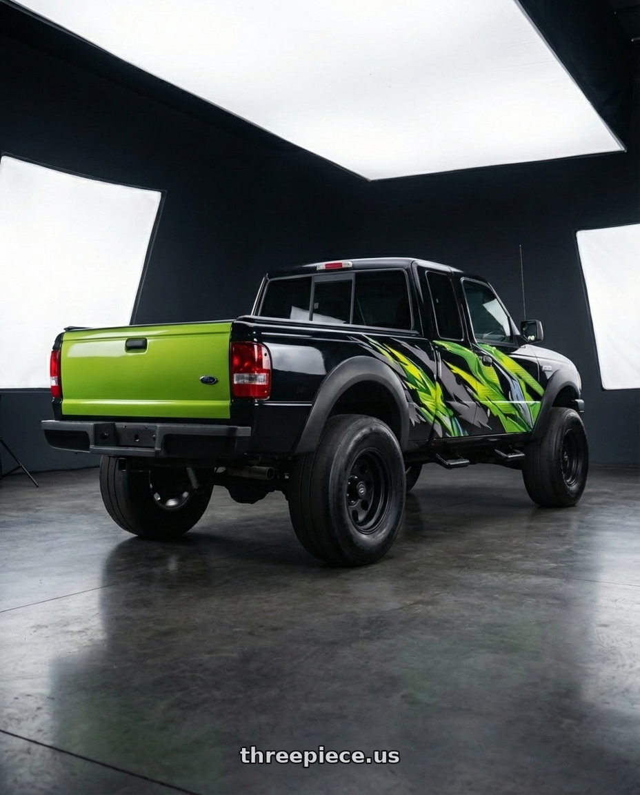 ford ranger 2005 cabine dupla adesivada ( não alterar o adesivo , a tampa trseira da caminhoente é verde limão,  ) with American Racing AR172 BAJA 5X139.7 16X10 -25 SATIN BLACK wheels rear three quarter view meaty tires