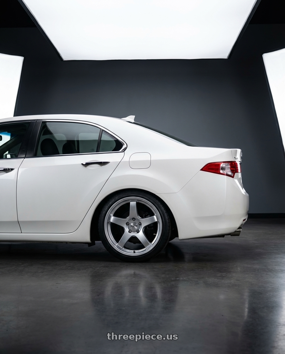 2013 Acura TSX with Ssr Gtv01 5x114.3 18x10.5+15  GLARE SILVER wheels rear three quarter view square tires