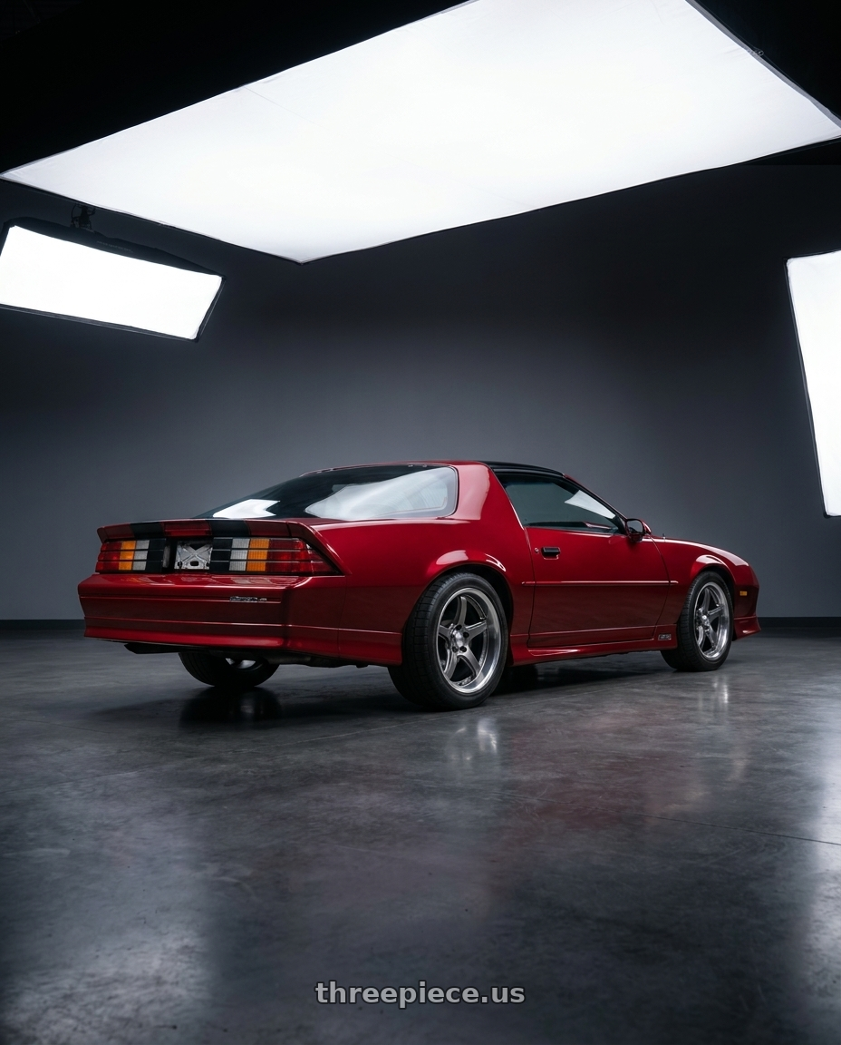 1992 Chevrolet Camaro Red with Work T5R 2P 5x114.3 18x10.0 GT SILVER wheels rear three quarter view square tires