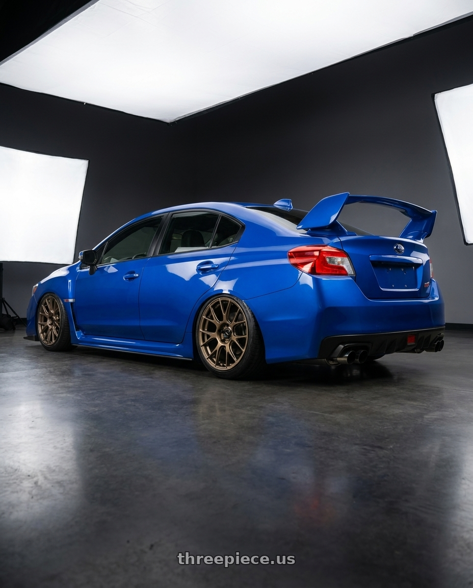 2018 Subaru WRX STI with Konig Ampliform 5x114.3 18x9.5+25 Gloss Bronze wheels rear three quarter view slight stretch tires