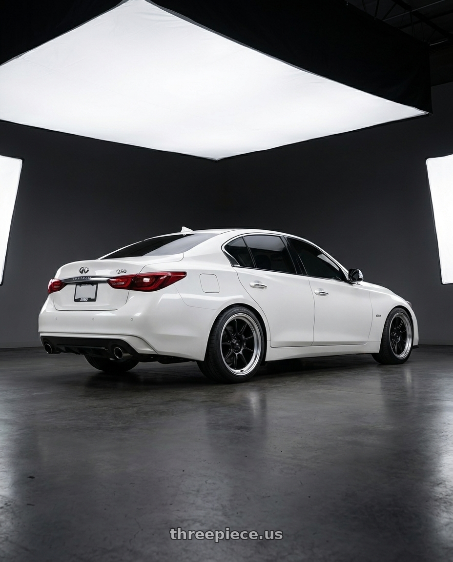 2020 Infiniti Q50 with Konig Countergram 5x114.3 19x9.5+35 Matte Black / Matte Machined Lip wheels rear three quarter view square tires