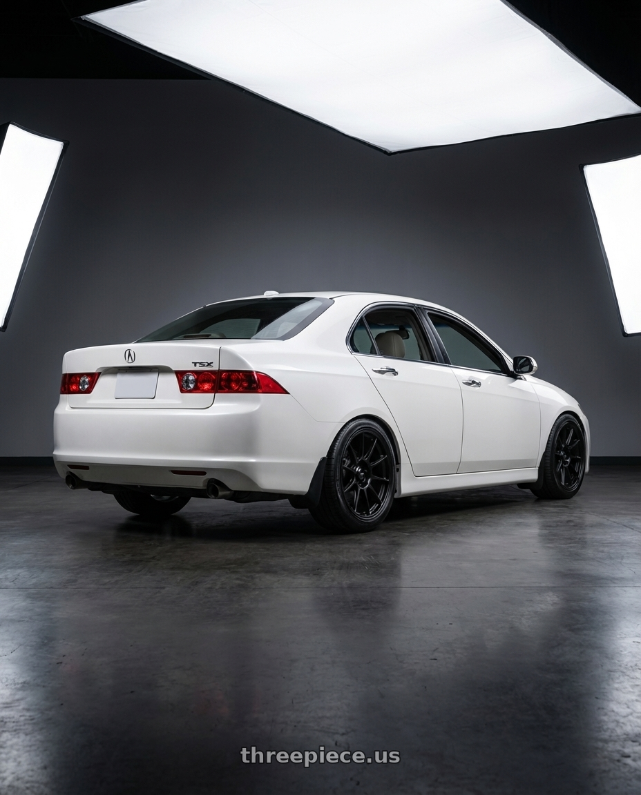 2005 Acura tsx with Konig Dekagram 5x114.3 17x9+40 Semi-Matte Black wheels rear three quarter view slight stretch tires