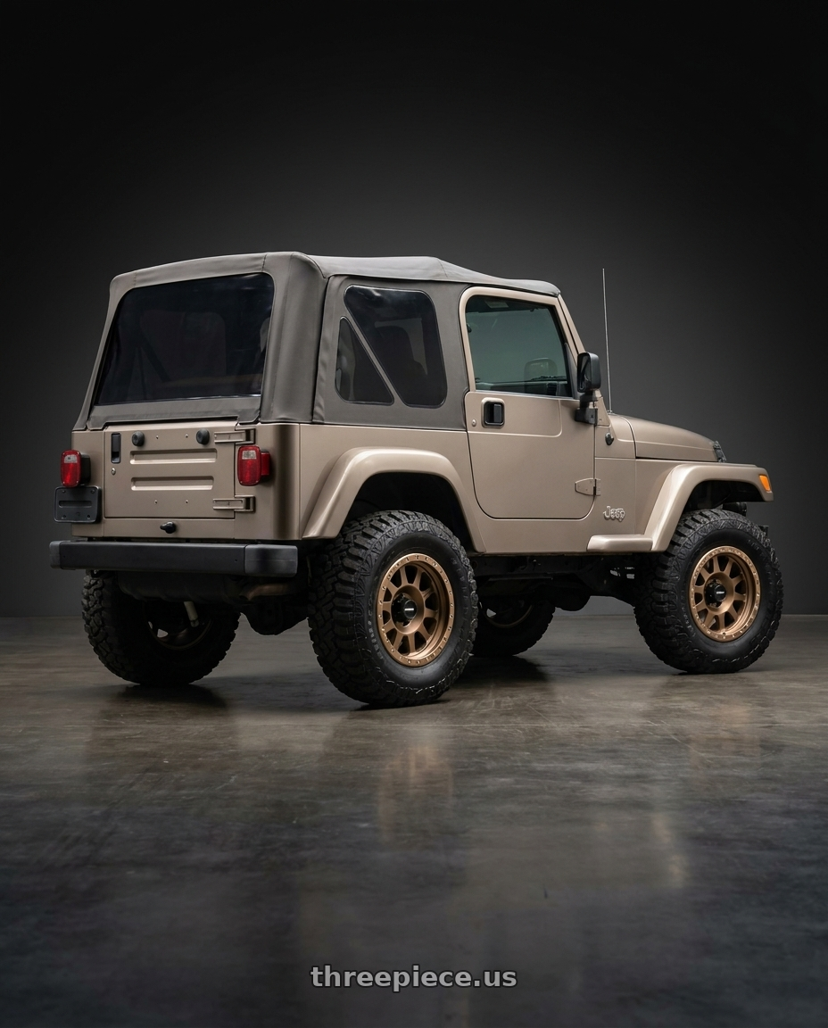 2003 jeep wrangler with Method MR304 Double Standard 15x8 -24mm Offset 5x4.5 83mm CB Method Bronze Wheel - MR30458012924N wheels rear three quarter view square tires