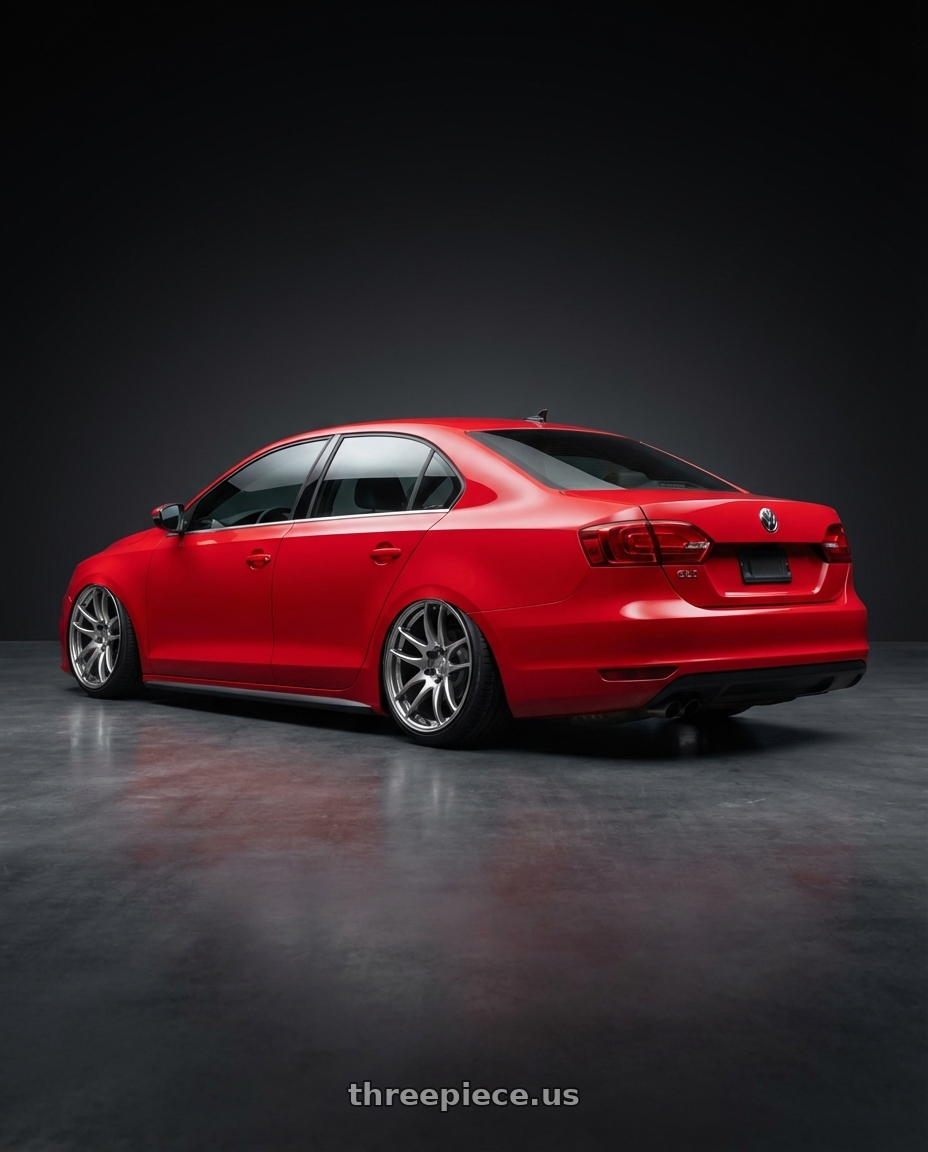 2012 Volkswagen Jetta GLI tornado red with Work Emotion Cr Kiwami 5x112 18x8.5 +38 Gt Silver wheels rear three quarter view extreme stretch tires