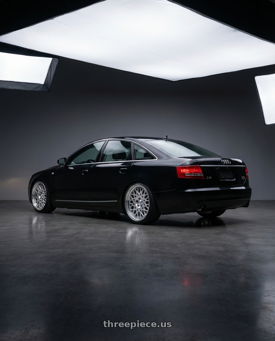 2010 audi a6 c6.5 prestige  with Work Seeker Cx 4x100 16x6.5+22 L Disk Matte Silver Polish wheels rear three quarter view square tires