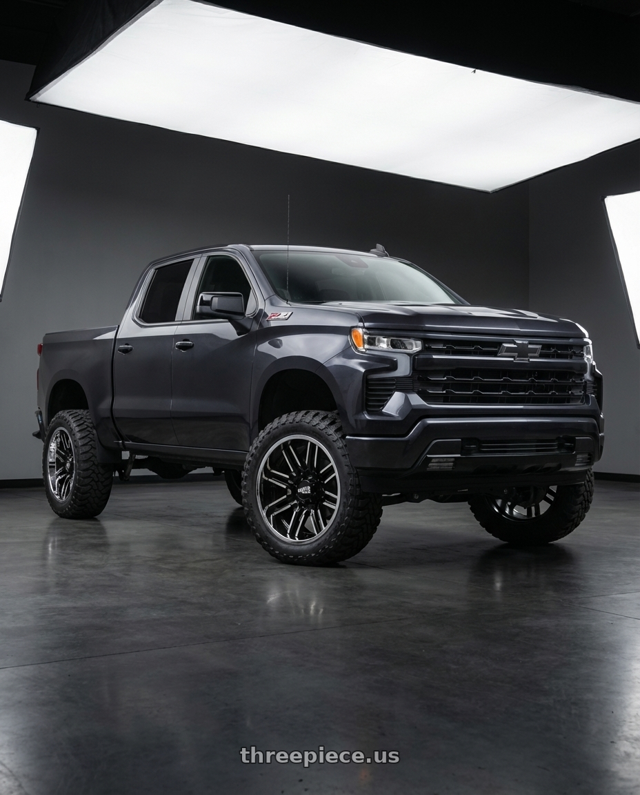 2023 Chevrolet Silverado 1500 with Moto Metal MO202 6X139.7 22X12 -44 GLOSS BLACK MACHINED CENTER CHROME LIP wheels
