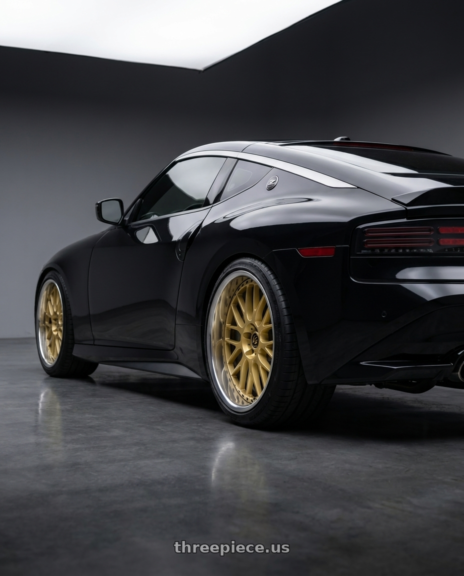 2024 Nissan Z with Work Vs-Xx 5x114.3 19x9.5+40 R Disk Gold wheels rear three quarter view square tires