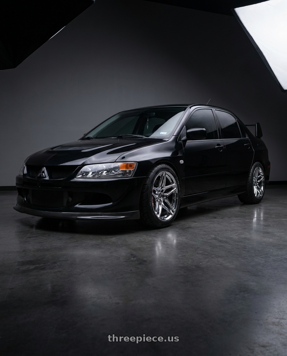 2005 Mitsubishi Lancer evolution with HERITAGE WHEEL EBISU MONOC 5x114.3 19x8.5 +35 CHROME wheels