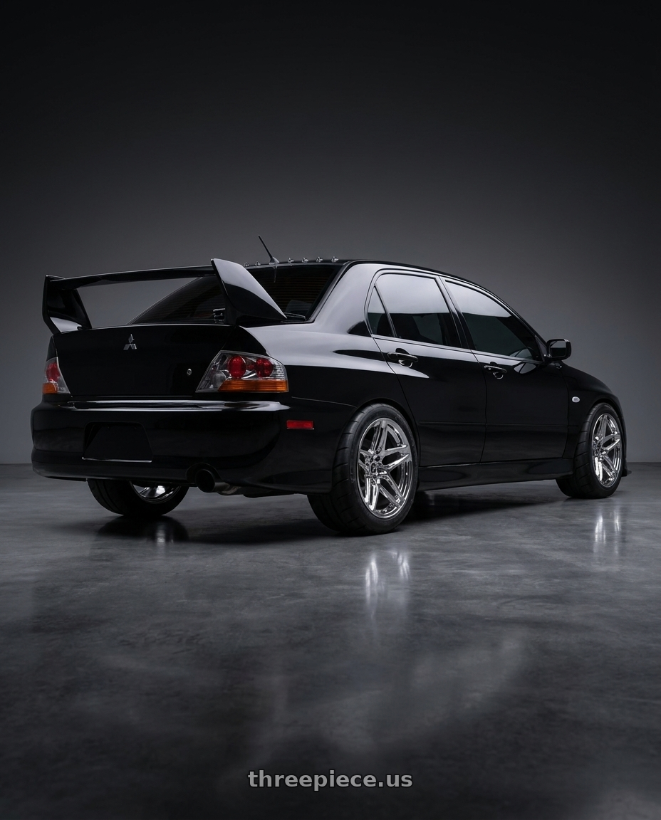 2005 Mitsubishi Lancer evolution with HERITAGE WHEEL EBISU MONOC 5x114.3 19x8.5 +35 CHROME wheels rear three quarter view meaty tires