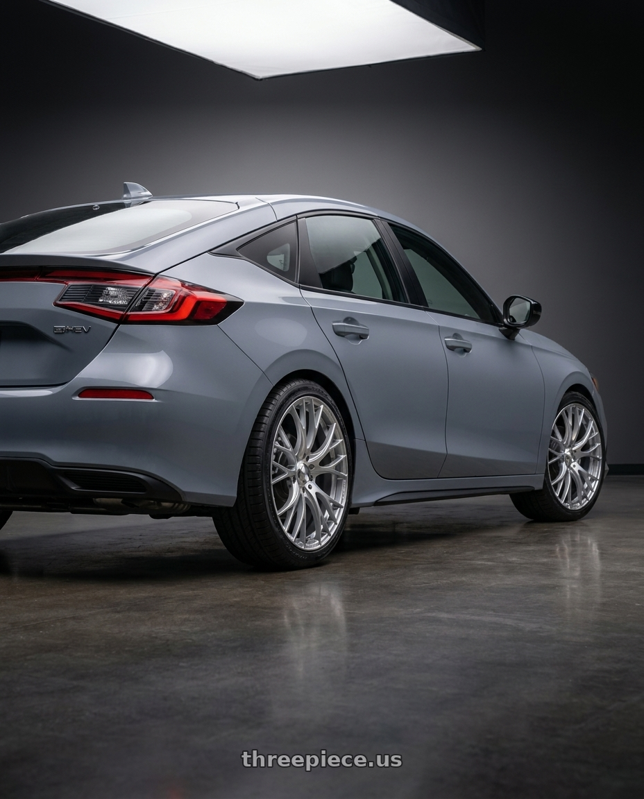 2025 Honda Civic e:HEV with WedsSport SA-20R 5x114.3 19x8.5+45 VI Silver wheels rear three quarter view square tires