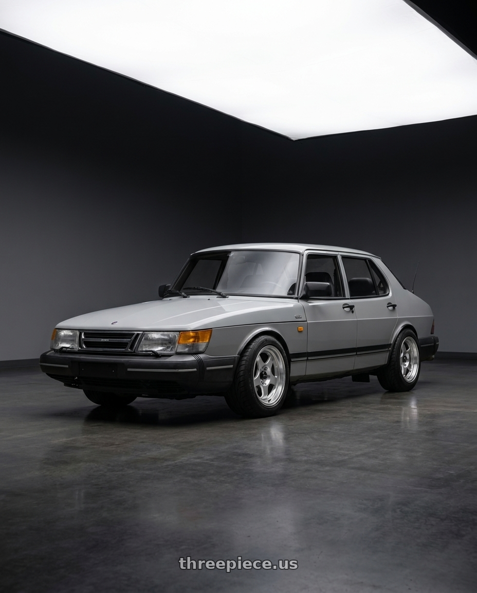 1989 Saab 900 with Vors SP1 4x108 15x7  +35 Silver Machine Face Lip wheels front three quarter view lowered stance