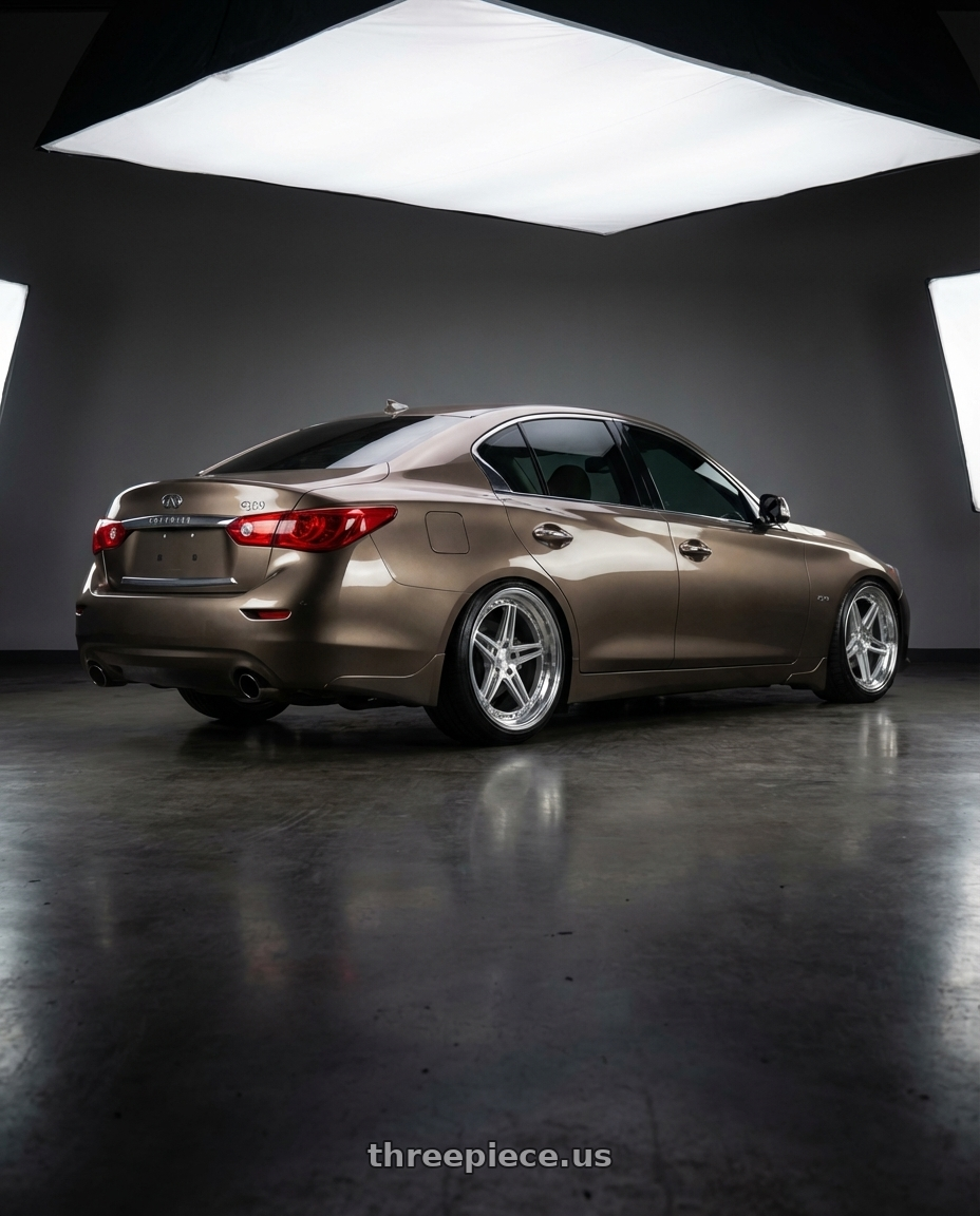 2014 Infiniti q50 with Aodhan DS08 5X114.3 19x9.5+15 Silver w/Machined Face wheels rear three quarter view square tires