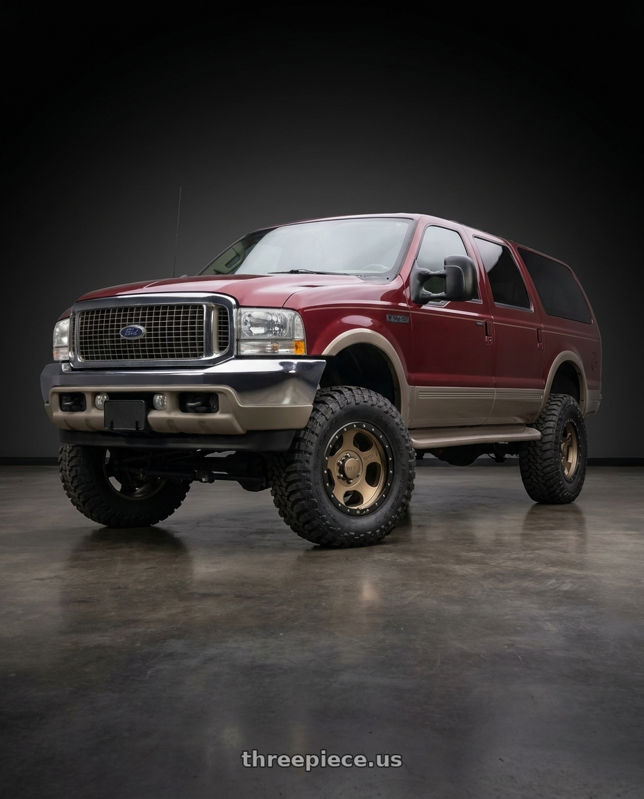 2002 ford excursion burgundy with Mickey Thompson Canyon Pro Bronze 8X170 17x9 +0 Satin Bronze. Black Lip wheels