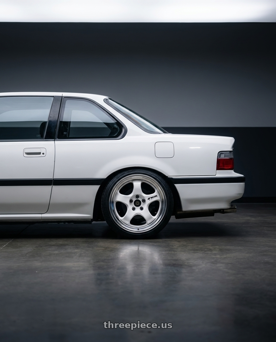 1991 honda prelude with Work Meister S1 2P 4x100 15x7+22 O Disk Black wheels rear three quarter view square tires