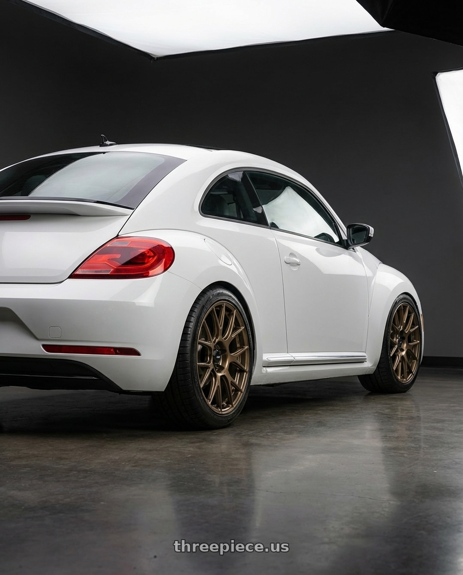 2016 Volkswagen Beetle Turbo with Konig Ampliform 5x112 18x8.5+43 Gloss Bronze wheels rear three quarter view square tires