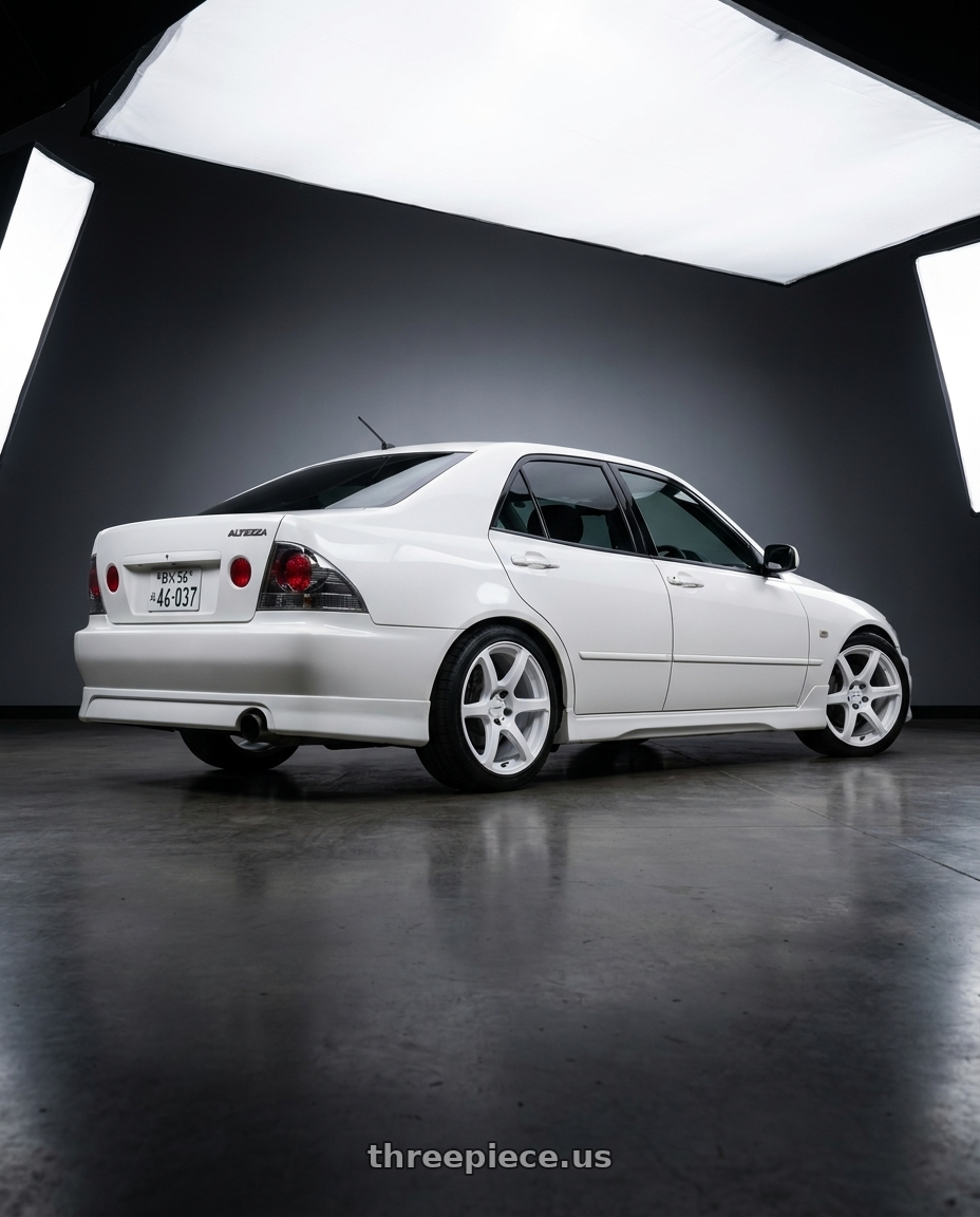 1998 Toyota altezza with Work Emotion T7r 5x100 18x8.5 +38 White wheels rear three quarter view square tires