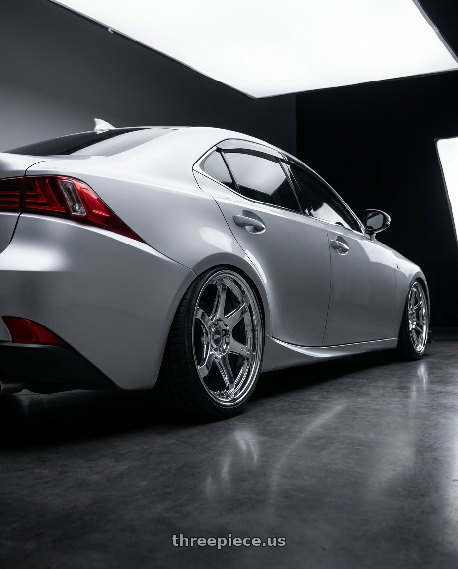 2015 Lexus is350 with ESR Wheels APX6 5x114.3 18x9.5 +35 Vacuum Chrome wheels rear three quarter view slight stretch tires