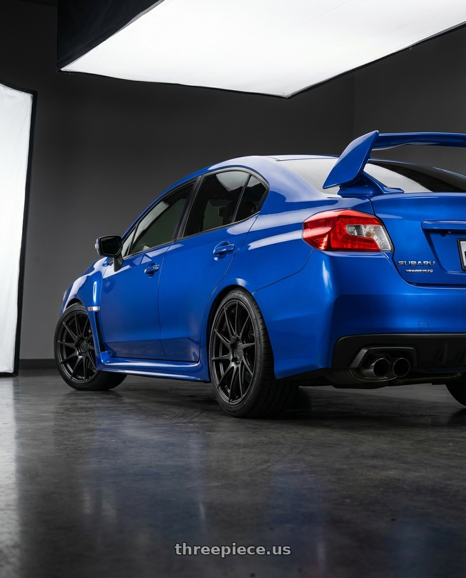 2018 Subaru WRX STI with Aodhan AH09 5x114.3 18x9.5 +35 Hyper Black wheels rear three quarter view square tires