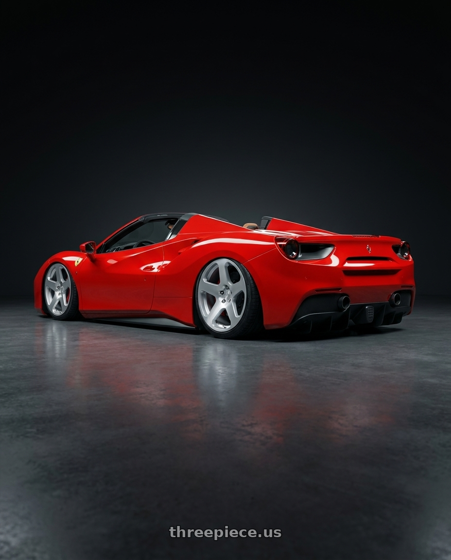 2018 488 spider with Rotiform RC200 NUE 5X120 20x8.5 +35 GLOSS SILVER W/ MACHINED FACE wheels rear three quarter view slight stretch tires