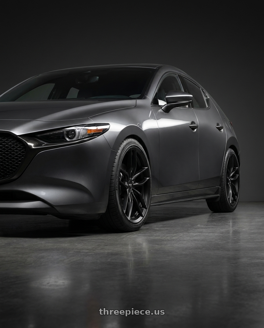 2019 Mazda 3 with Niche 1PC M203 VOSSO 5X114.3 19X8.5 +45 MATTE BLACK wheels front three quarter view lowered stance