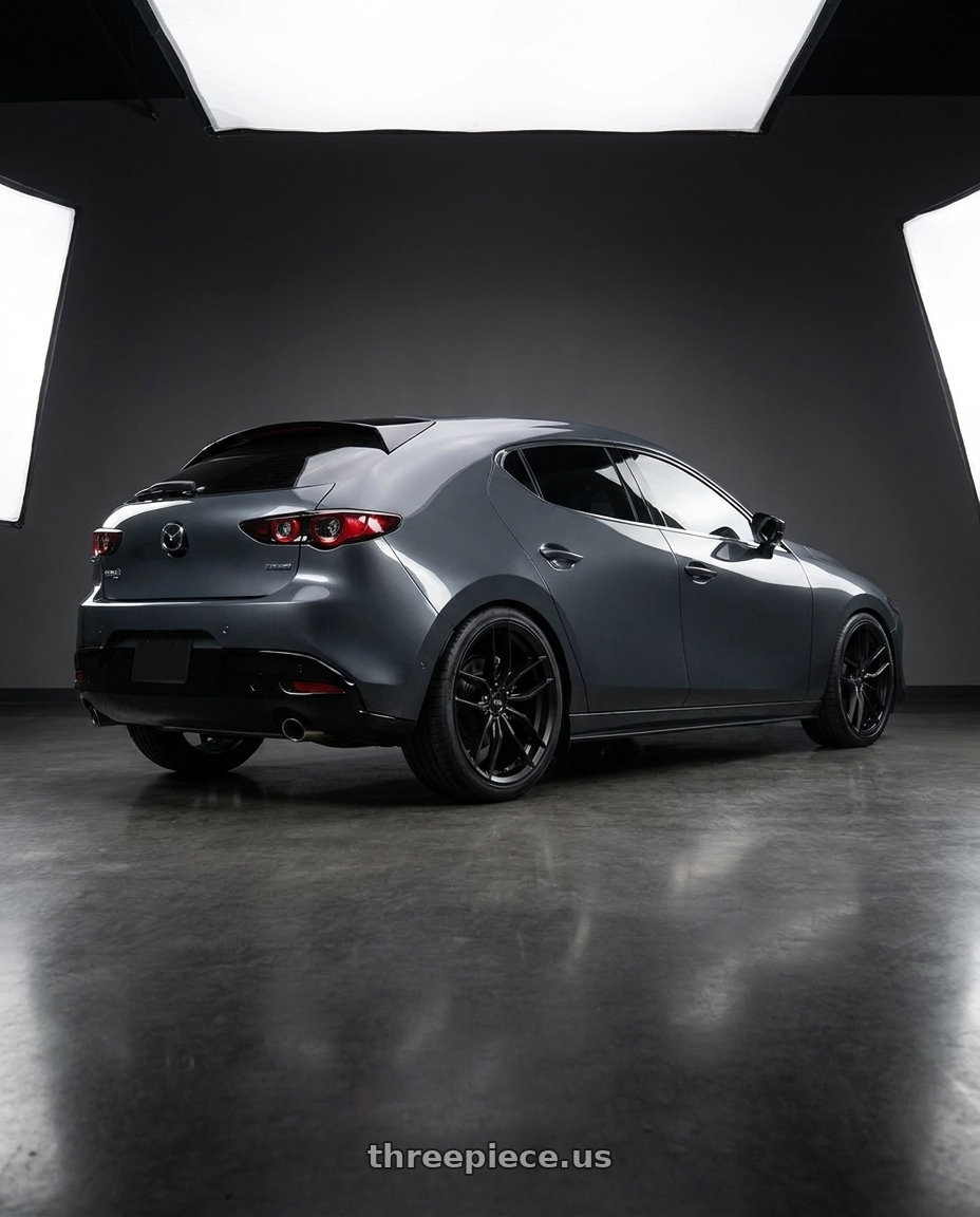 2019 Mazda 3 with Niche 1PC M203 VOSSO 5X114.3 19X8.5 +45 MATTE BLACK wheels rear three quarter view square tires